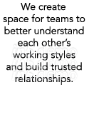 We create space for teams to better understand each other’s working styles and build trusted relationships.