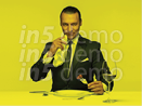 A man in a suit is sitting at a table with a wine glass and a napkin in his mouth. AI generated content